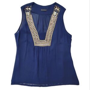 Gold Embellished Blue Blouse Tank Top